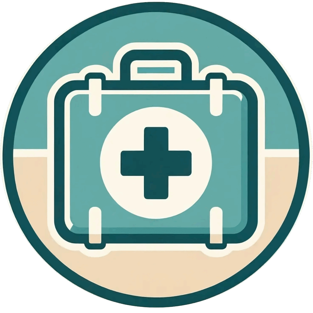 Icon of a teal and beige first aid kit with a white cross in the center, representing emergency preparedness or medical supplies.