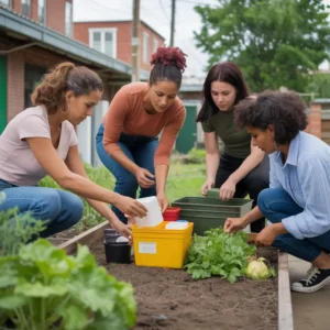 Women working together in a community garden, organizing supplies and harvesting food as part of practical emergency preparedness.
