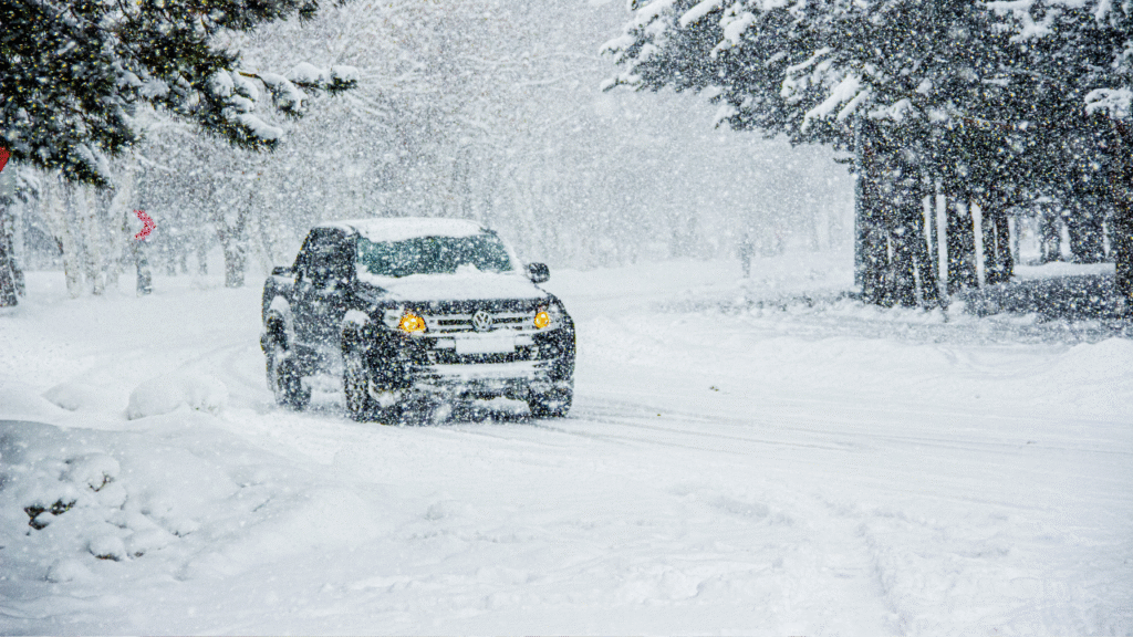Extreme cold preparedness. SUV driving through heavy snowfall on a snow-covered road surrounded by trees. Learn how to stay warm during winter weather.