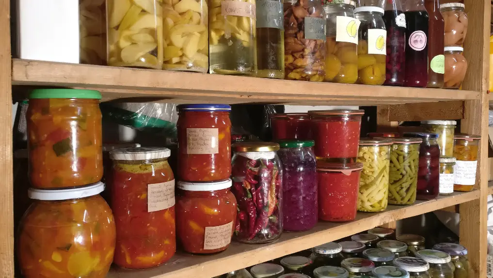 Shelves filled with home-canned fruits, vegetables, and preserves as part of a food preparedness pantry.