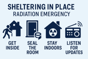 Infographic titled “Sheltering in Place: Radiation Emergency” with four icons and steps: Get Inside, Seal the Room, Stay Indoors, and Listen for Updates.