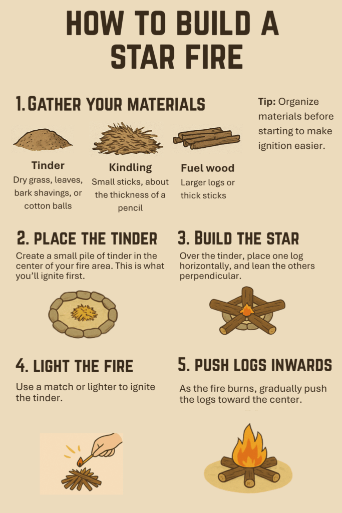 Step-by-step infographic showing how to build a star fire using tinder, kindling, and fuel wood.