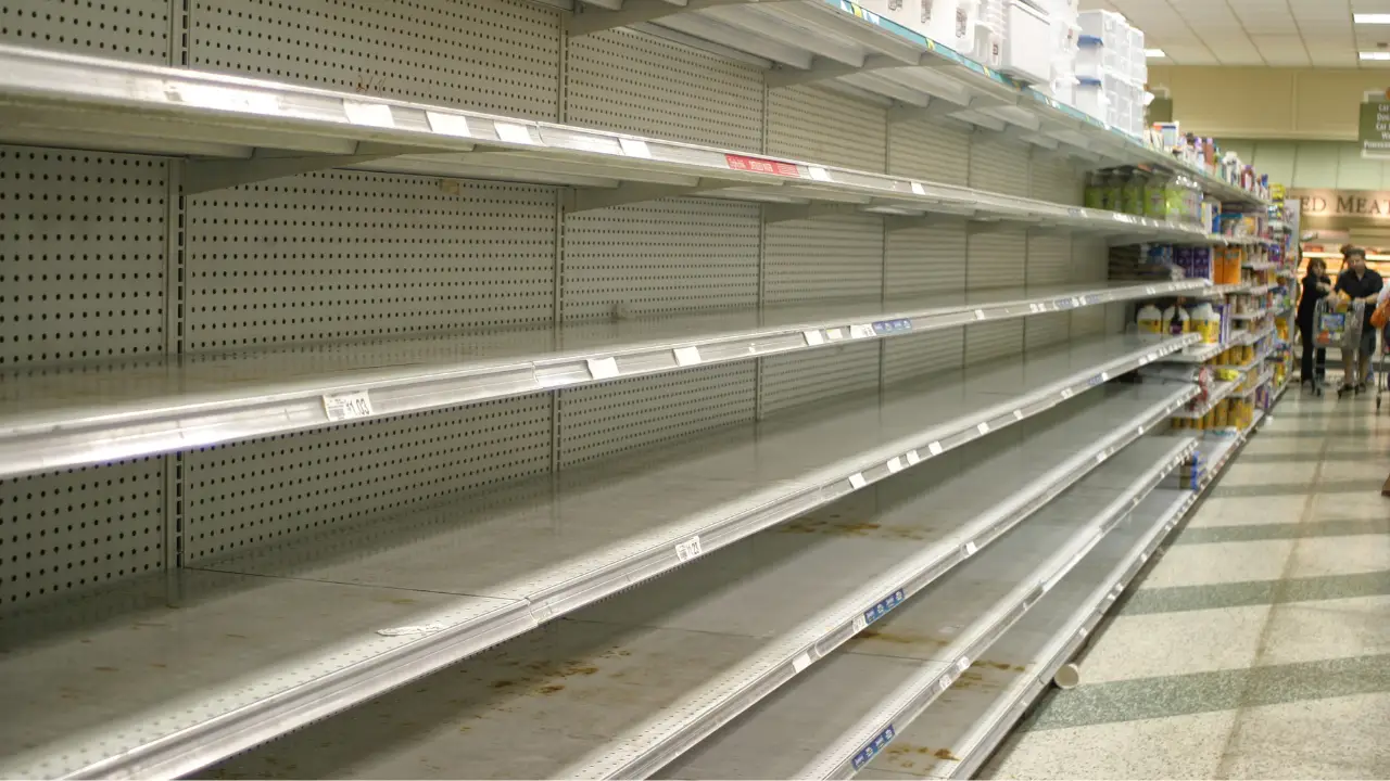 Empty grocery store shelves illustrating supply chain disruption preparedness.