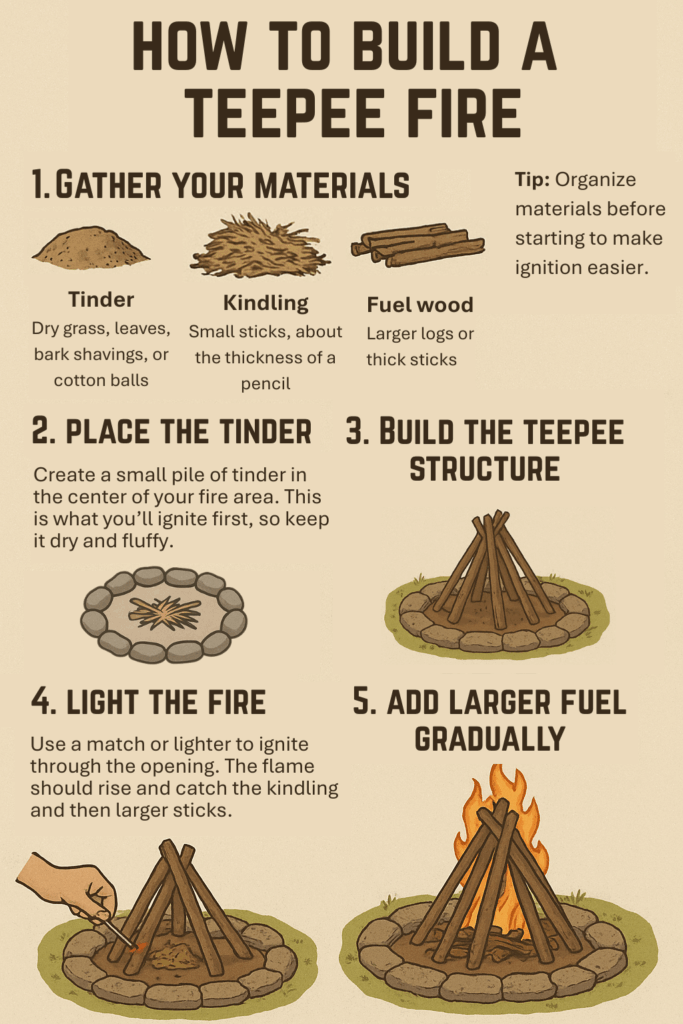 Step-by-step infographic showing how to build a teepee fire for survival or camping.