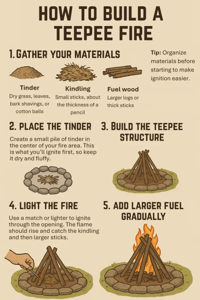 Step-by-step infographic showing how to build a teepee fire for survival or camping.