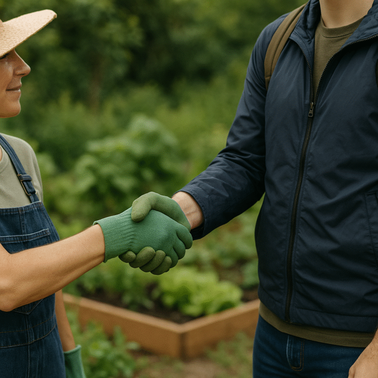 a gardener and prepper shaking hands