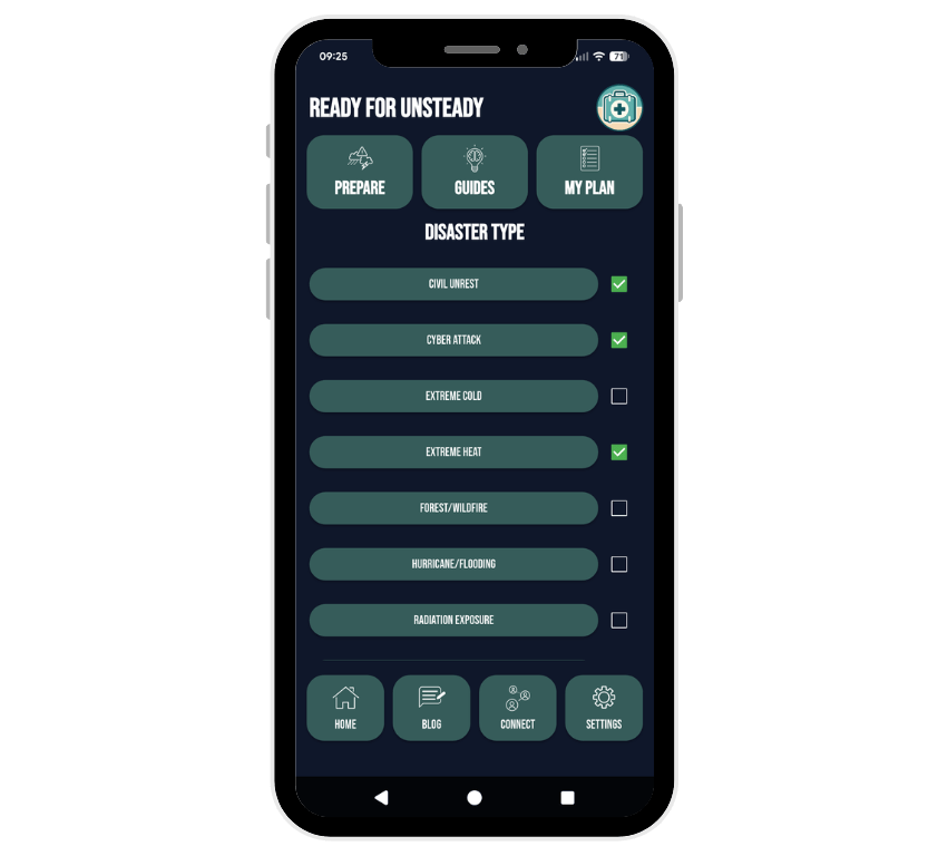 Ready For Unsteady emergency preparedness app shown on a phone