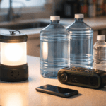 Lantern, water containers, radio, and phone arranged on a kitchen counter for emergency preparedness during a power outage