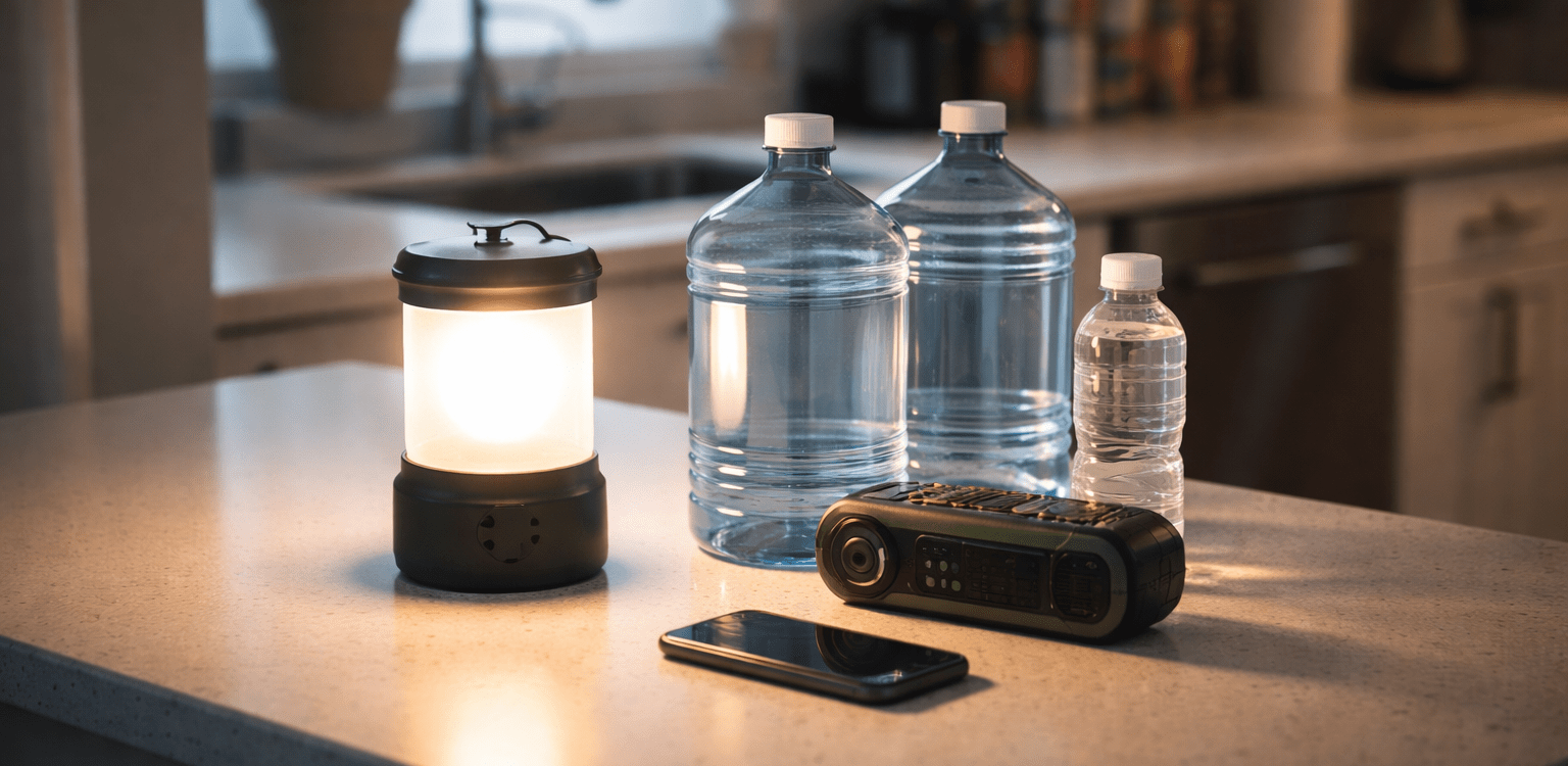 Lantern, water containers, radio, and phone arranged on a kitchen counter for emergency preparedness during a power outage
