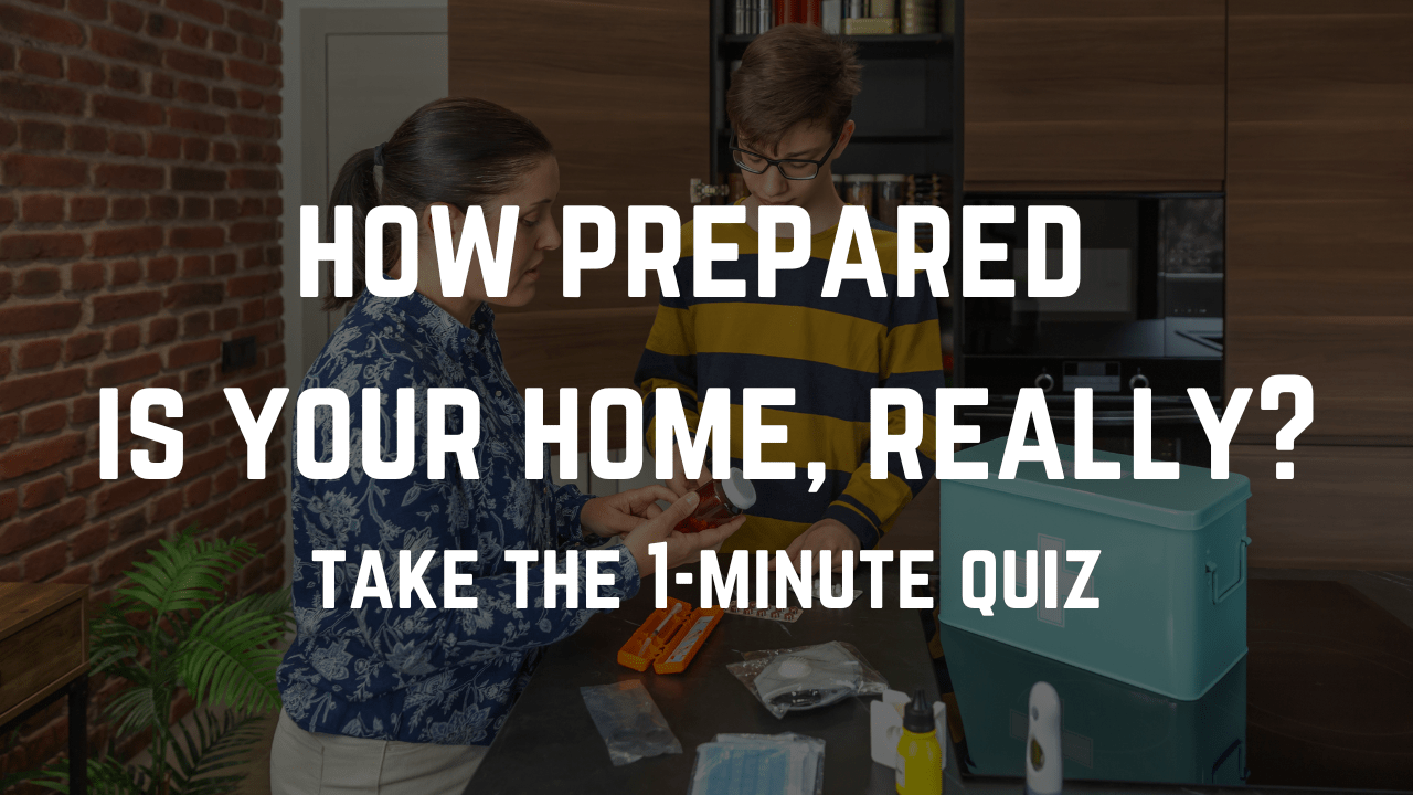 Mother and teenage son reviewing emergency supplies at kitchen counter with preparedness kit and storage container