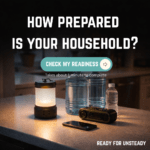 Graphic promoting an emergency preparedness quiz with the text “How Prepared Is Your Household?” above emergency supplies including water containers, a lantern, and a radio.