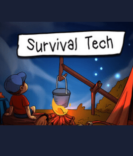 Cartoon scene of a camper sitting by a campfire under the night sky cooking with a hanging pot and a sign reading Survival Tech
