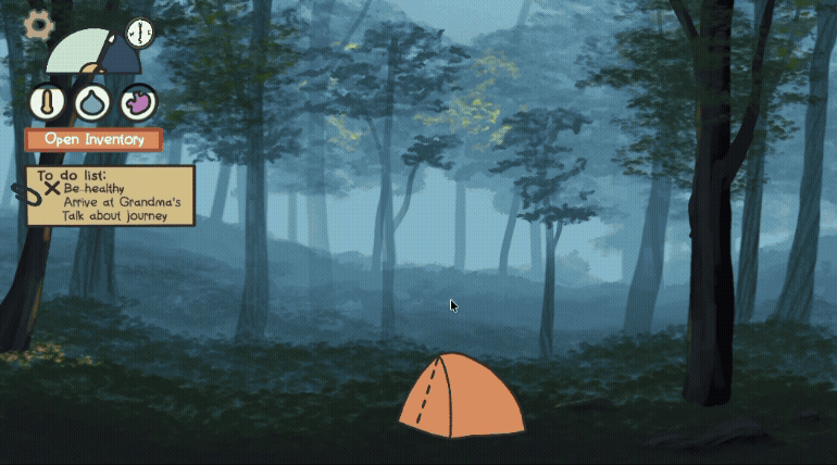Camping scene from the Survival Tech game showing a forest campsite with a tent and campfire, where players can explore, sleep, manage resources, and practice survival decisions.