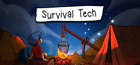 Illustration from the Survival Tech survival skills game showing a camper by a campfire and tent learning wilderness survival basics.