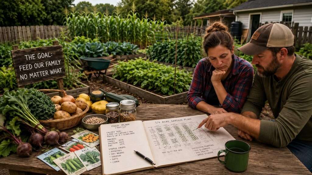 Couple planning a backyard food garden with seed packets and calorie-dense crops inspired by Food When the Shops Stop