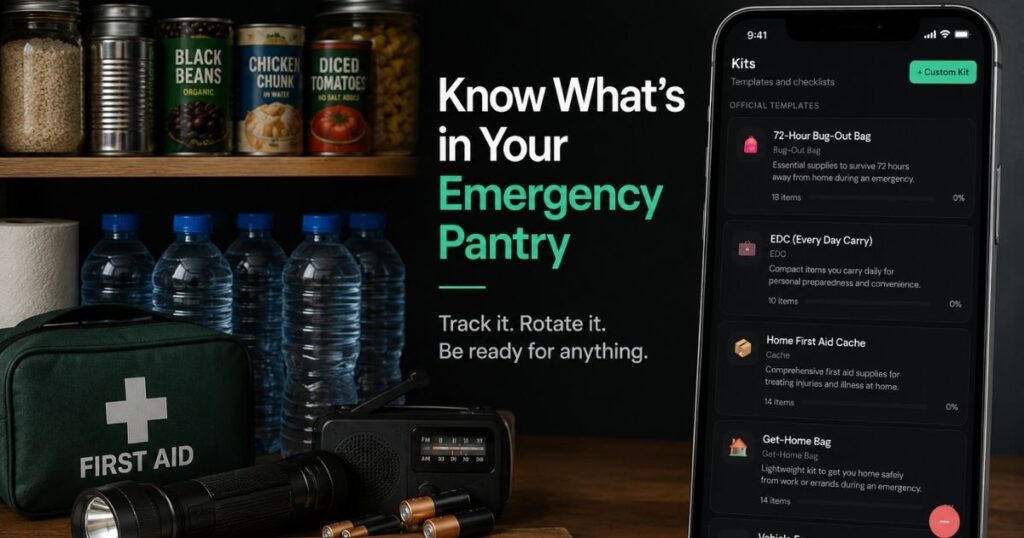 Organized emergency pantry supplies with water, canned food, first-aid kit, flashlight, batteries, and a phone showing the PPantry emergency supply inventory app.