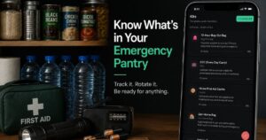 Organized emergency pantry supplies with water, canned food, first-aid kit, flashlight, batteries, and a phone showing the PPantry emergency supply inventory app.