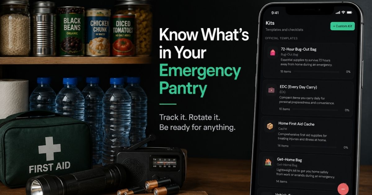 Organized emergency pantry supplies with water, canned food, first-aid kit, flashlight, batteries, and a phone showing the PPantry emergency supply inventory app.