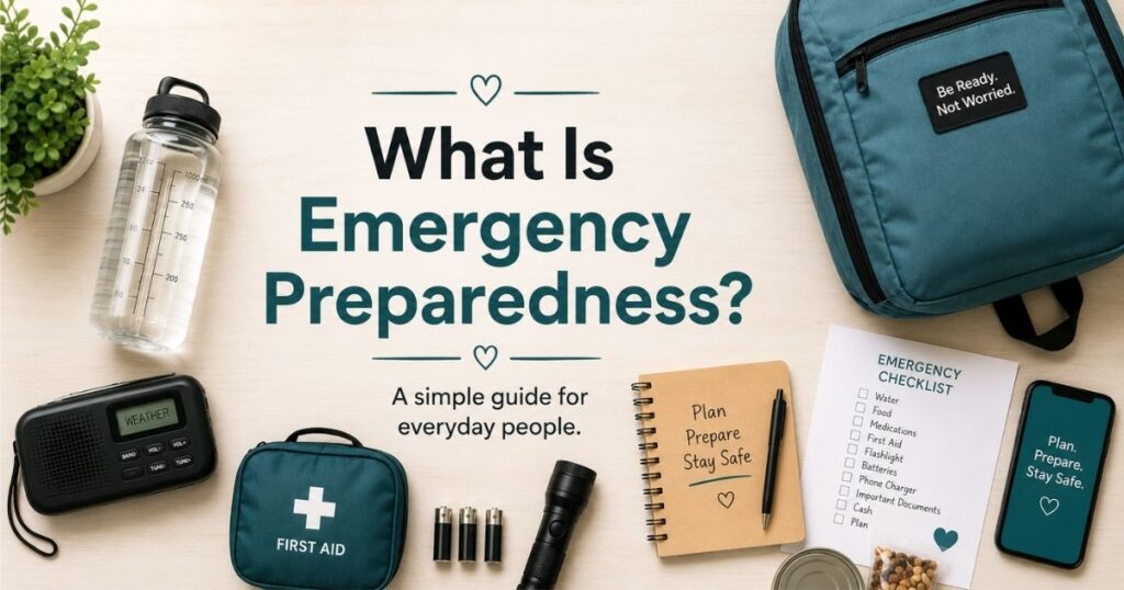 Emergency preparedness supplies including water, flashlight, first aid kit, batteries, radio, food, checklist, phone, and backpack.