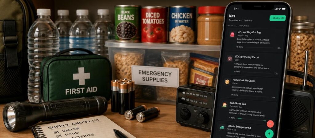 Organized emergency pantry supplies with a phone showing the PPantry app for tracking emergency kits and household supplies.