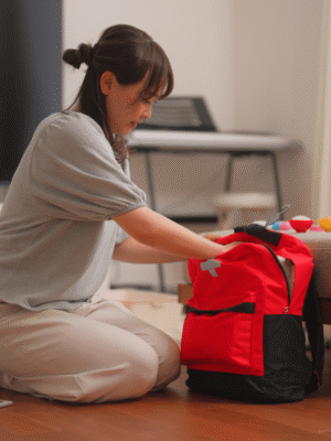 Woman packing a bright red emergency preparedness backpack in a home setting. 72-Hour Emergency Kit Checklist. Emergency Prepping for Beginners